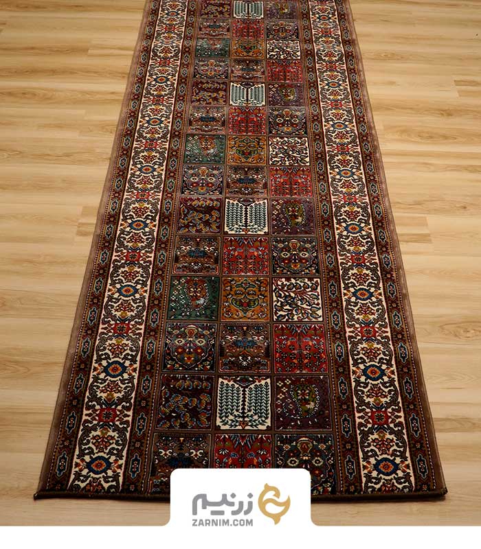 فرش کناره هیوا طرح خشتی رنگ گردوئی
